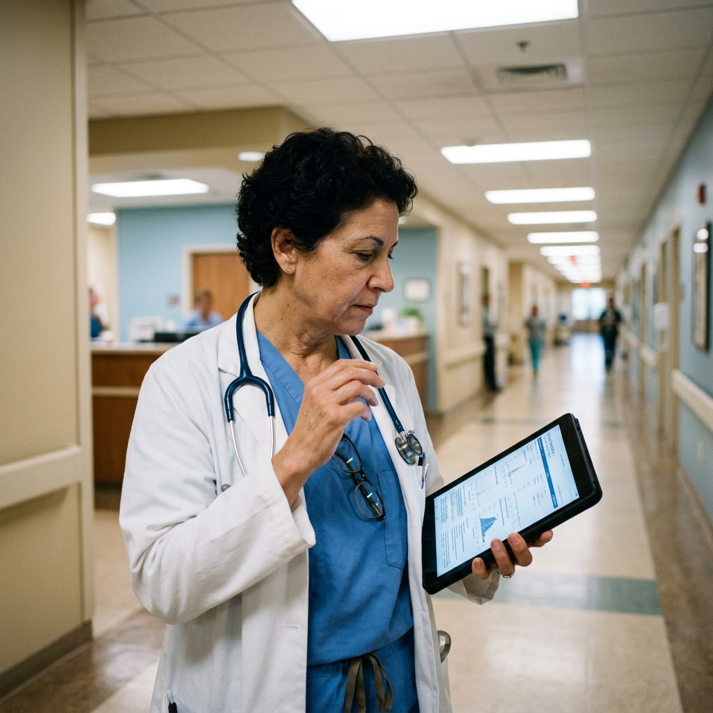 Healthcare provider coordinating operations on a tablet