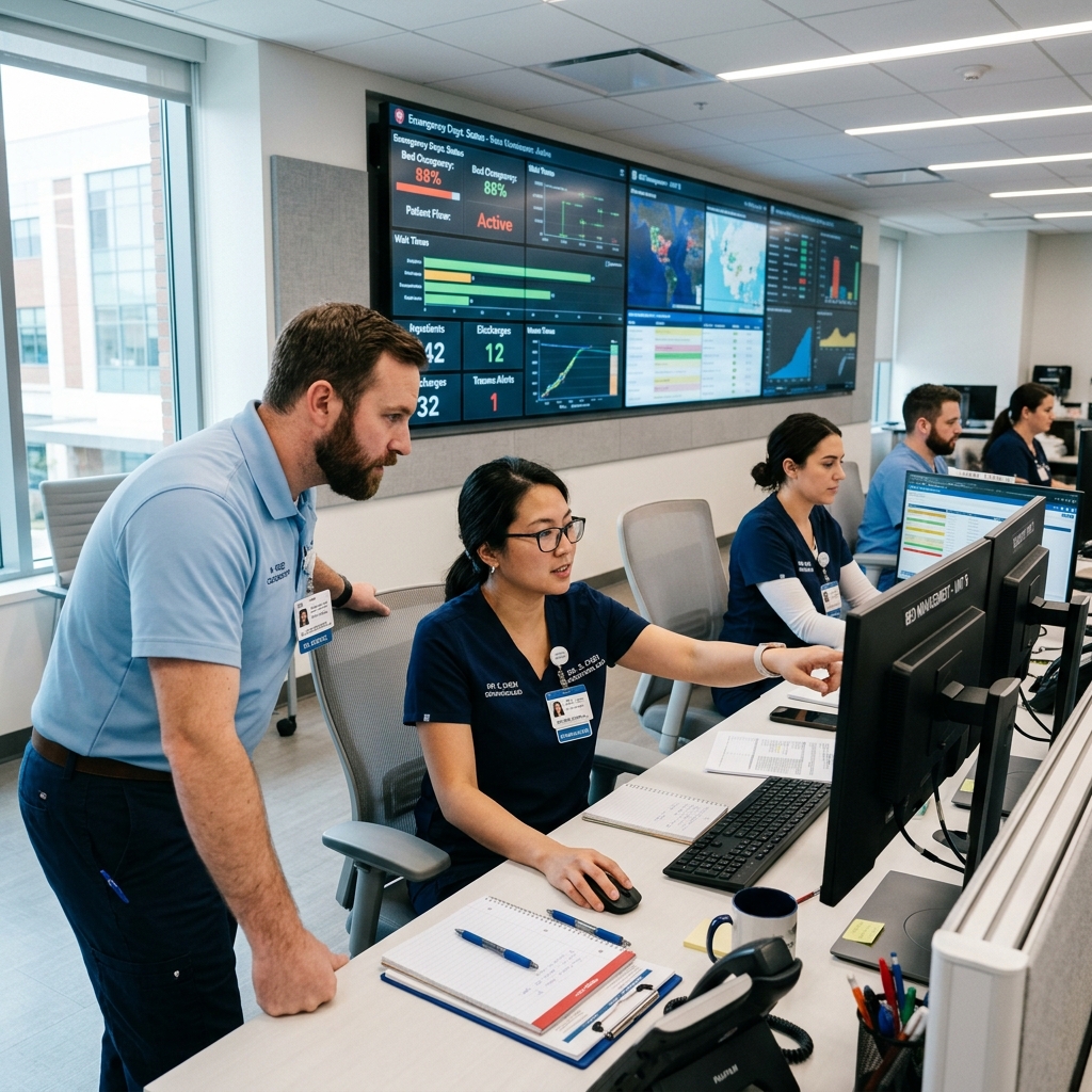 Clinicians in a modern hospital command center coordinating patient flows