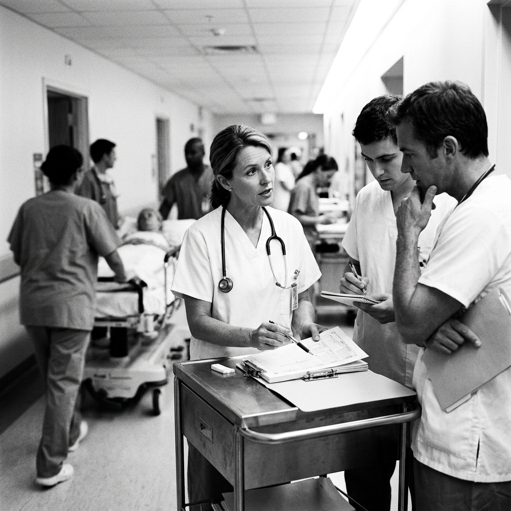 Physicians collaborating inside a hectic hospital clinical ward